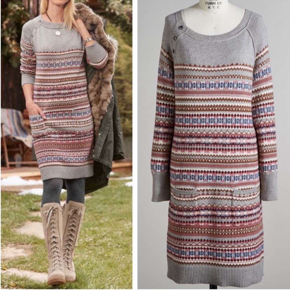 Cozy Fair Isle Knit Sweater Dress - Gray/Multi